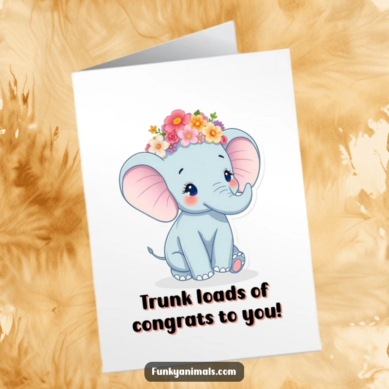 Funny Free Printable Congratulations Card: An elephant wearing a colorful flower crown, captured mid-twirl in a celebratory pose.