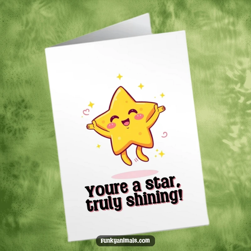 Funny Free Printable Congratulations Card showing a yellow star character energetically dancing with its arms swirling.