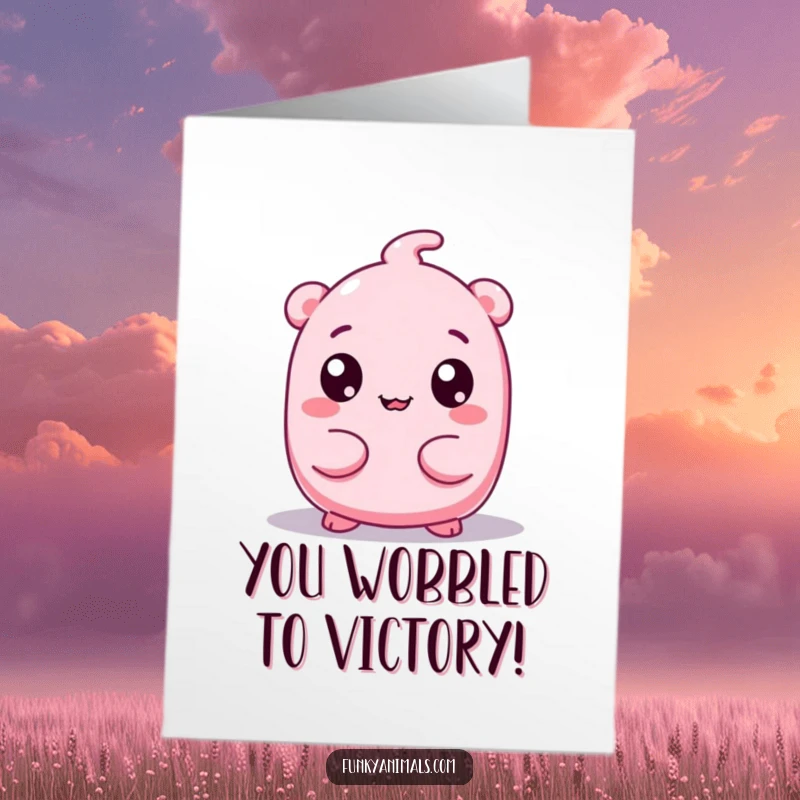 Funny free printable congratulations card: a pink, squishy creature with googly eyes wiggling its body to show happiness.