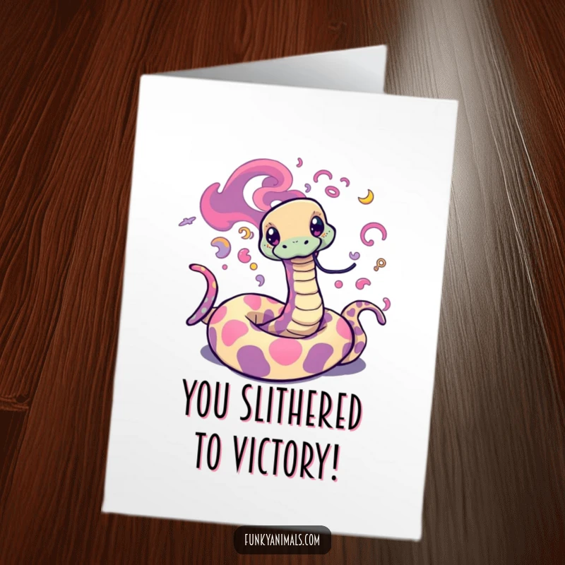 Funny Free Printable Congratulations Card: Psychedelic snake with swirling patterns, celebrating success with a groovy, cosmic dance.