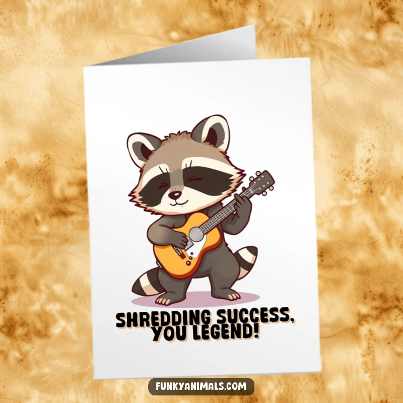 Funny Free Printable Raccoon Congratulations Card: A rocking raccoon cub playing a small guitar, celebrating a big win.