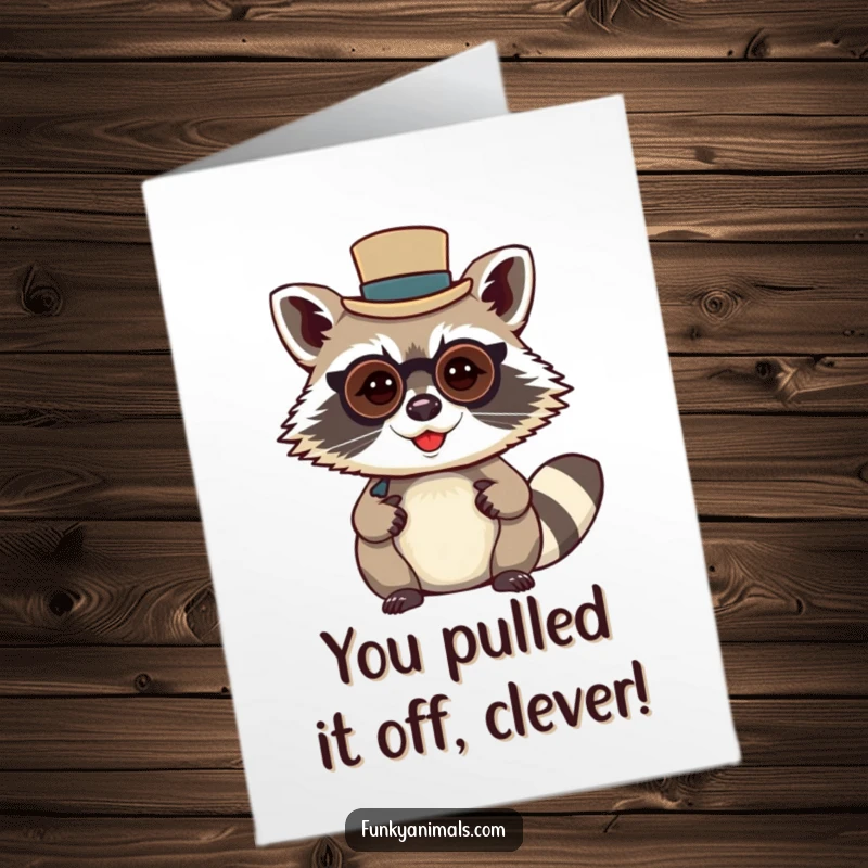 Funny Free Printable Congratulations Card: Mischievous raccoon with a tiny top hat and monocle, offering congratulations. Unique downloadable art.
