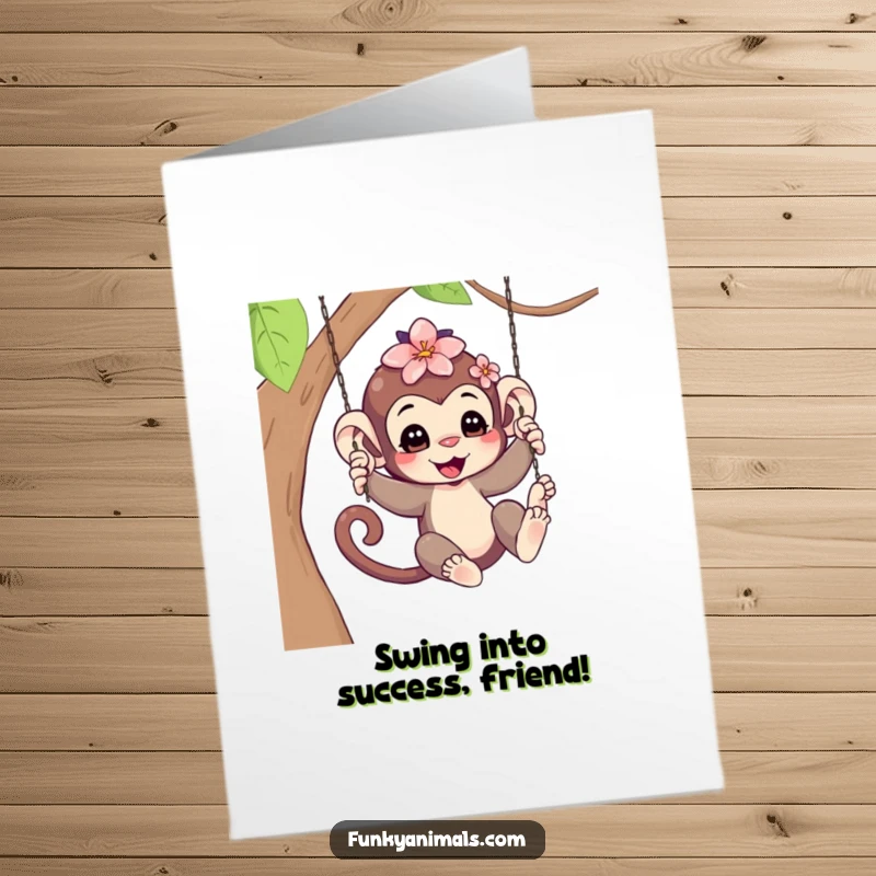 Funny Free Printable Monkey Congratulations Card: A happy monkey cub swinging, flower in hair, cheering for success.