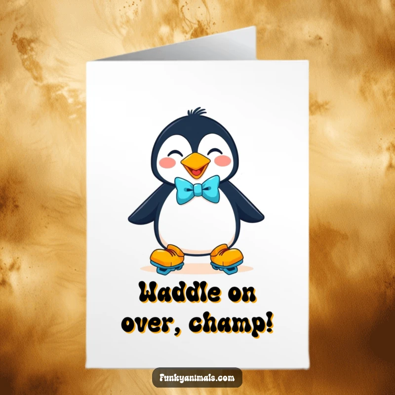 Funny Free Printable Congratulations Card: Amusing penguin in roller skates and a bow tie, celebrating success with style.