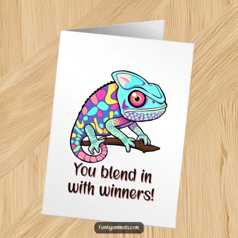 Funny Free Printable Congratulations Card: A chameleon with psychedelic patterns shifts colors excitedly.
