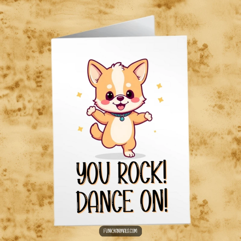 Funny Free Printable Congratulations Card: A happy dog cub dances energetically, holding a boombox, celebrating a victory.