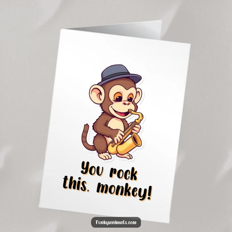 Funny Free Printable Congratulations Card: A funky monkey wearing a tiny fedora plays a miniature saxophone, celebrating success.