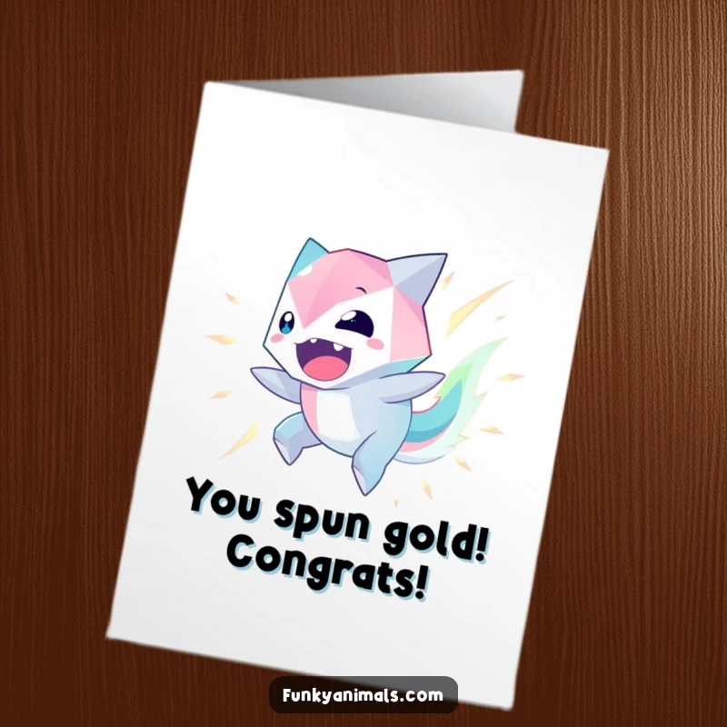 Funny Free Printable Congratulations Card: a glowing geometric creature spinning with excitement to celebrate an achievement.