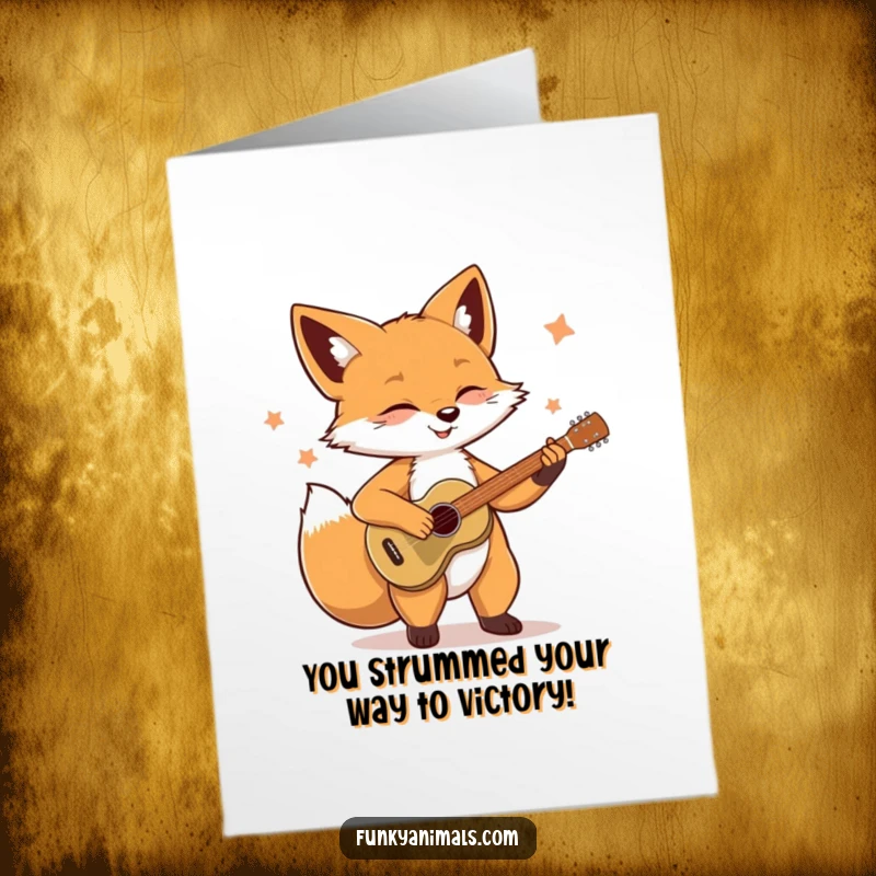 Funny Free Printable Congratulations Card: A stylish fox with a guitar, mid-strum, celebrating your success with soulful rock vibes.