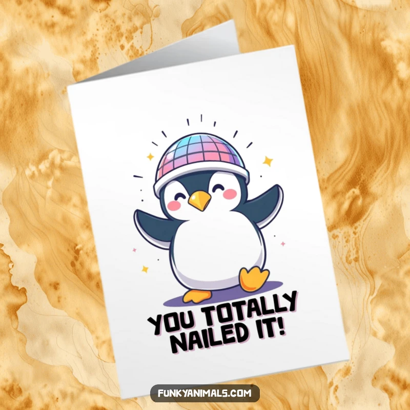 Funny Free Printable Congrats Card: A penguin wearing a spinning disco ball helmet celebrates with pure joy, perfect for any occasion.