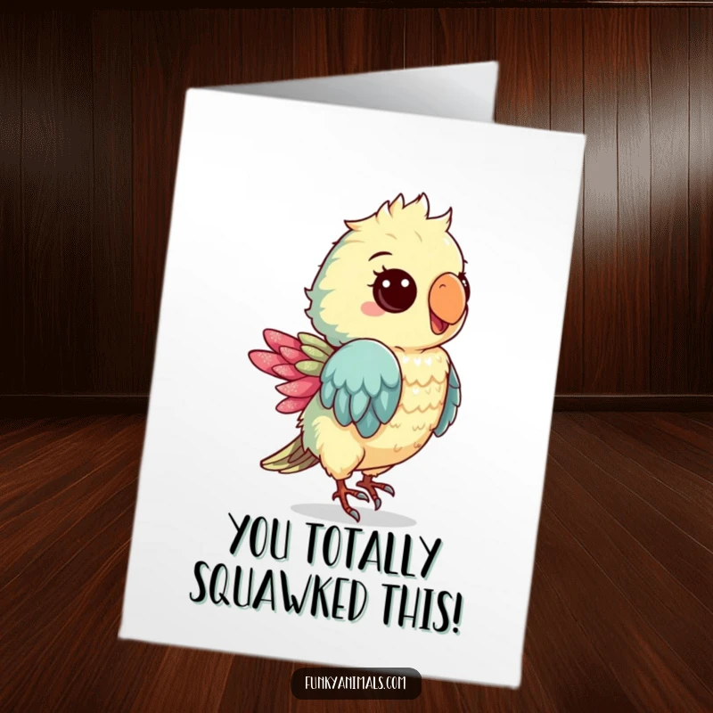 Funny Free Printable Congratulations Card: A groovy parrot cub with a shimmery feather dancing joyfully to celebrate a fantastic achievement.