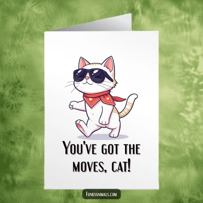 Funny Free Printable Congratulations Card: A cool cat with sunglasses and bandana moonwalking on four paws, celebrating a win.