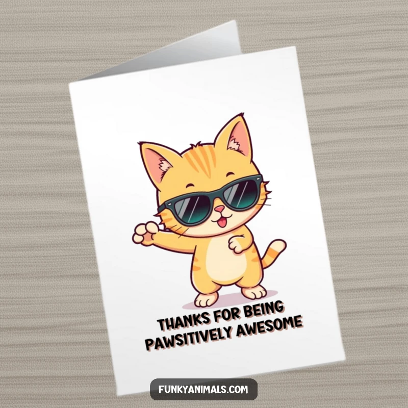 Funny free printable thank you card of a cool cat in sunglasses busting a funky dance move.