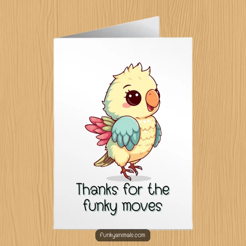 Funny Free Printable Thank You Card: A groovy parrot cub with a shimmery feather doing a fantastic dance, offering thanks with style.