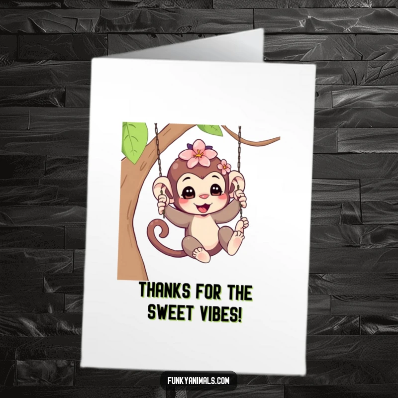 Funny Free Printable Monkey Thank You Card: A cheerful monkey cub swinging, flower in hair, conveying thanks.