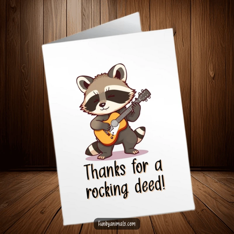 Funny Free Printable Raccoon Thank You Card: A cool raccoon cub playing a guitar, saying thanks with rockstar flair.