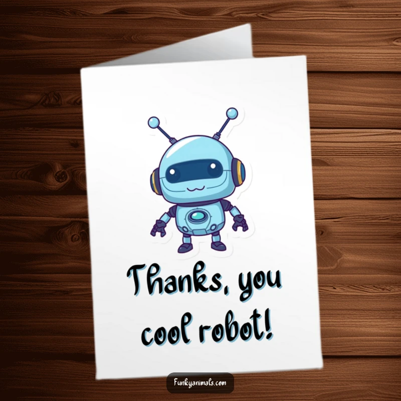Funny Free Printable Thank You Card: Mischievous blue robot with wobbly antennas, a cute downloadable for thanks.