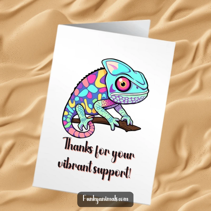 Funny Free Printable Thank You Card: A chameleon shows gratitude with a rainbow of patterns.