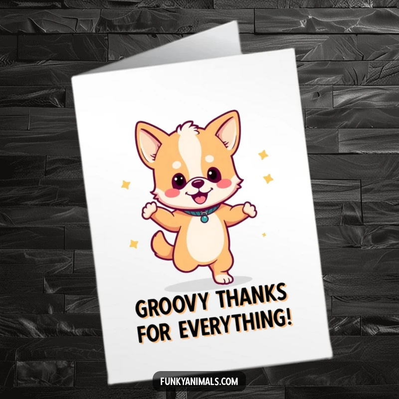 Funny Free Printable Thank You Card: A dog cub dances energetically with a boombox, grooving to express thanks.