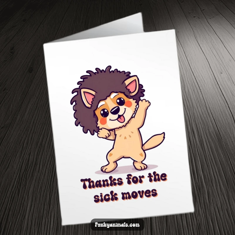 Funny Free Printable Thank You Card featuring a funky dog in an afro wig breakdancing with dynamic and energetic moves.