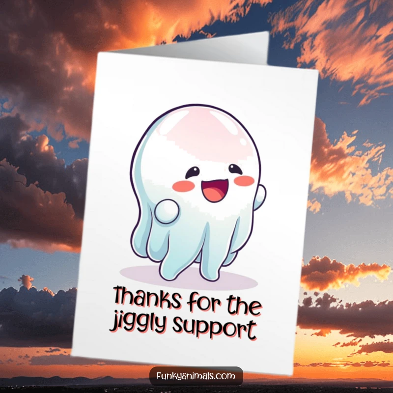 Funny Free Printable Thank You Card: Gelatinous creature doing a delightful wobble, a downloadable greeting for thanks.