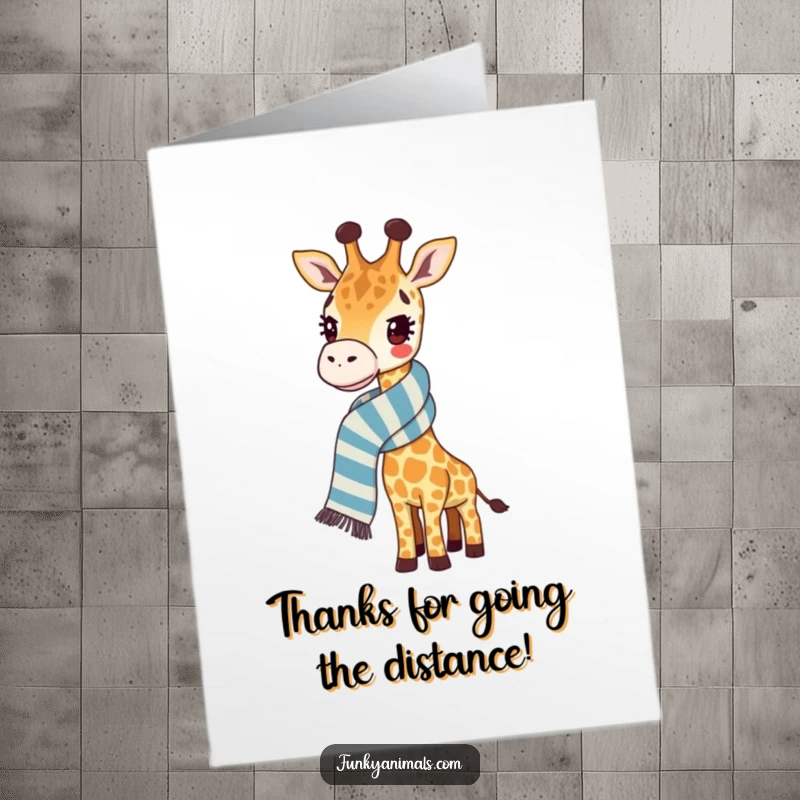 Funny Free Printable Thank You Card: A smiling giraffe extends its long scarf to offer thanks.