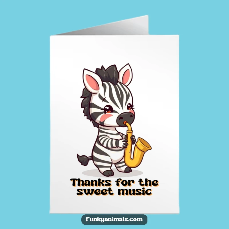 Free Printable Thank You Card: Jazzy Zebra Cub, Saxophone, Funny Downloadable Gratitude