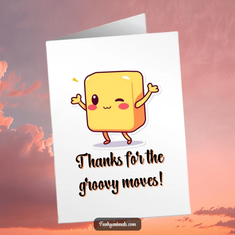 Funny Free Printable Thank You Card: Colorful block character doing a happy shimmy, sending heartfelt thanks with a wiggle.