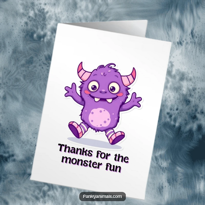 Funny Free Printable Thank You Card: Purple monster with mismatched socks does a silly dance to hilariously express thanks.