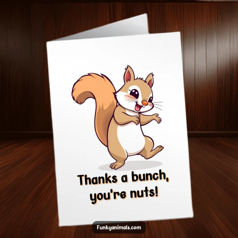 Funny free printable thank you card of a breakdancing squirrel spinning on its tail in a groovy pose.
