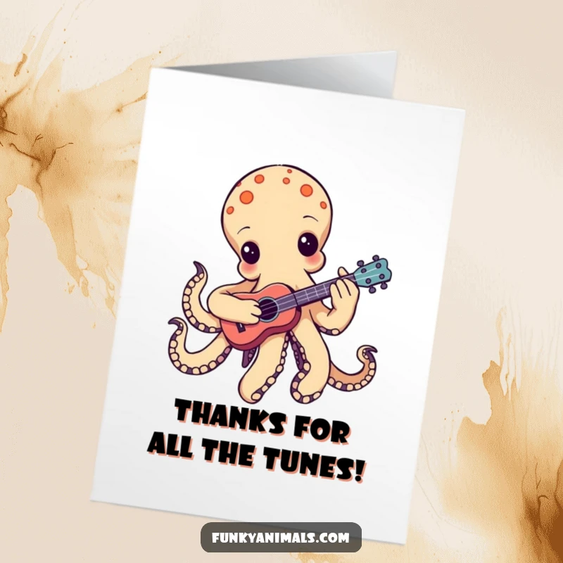 Funny Free Printable Thank You Card: Groovy octopus playing a tiny ukulele, strumming a tune of thanks.