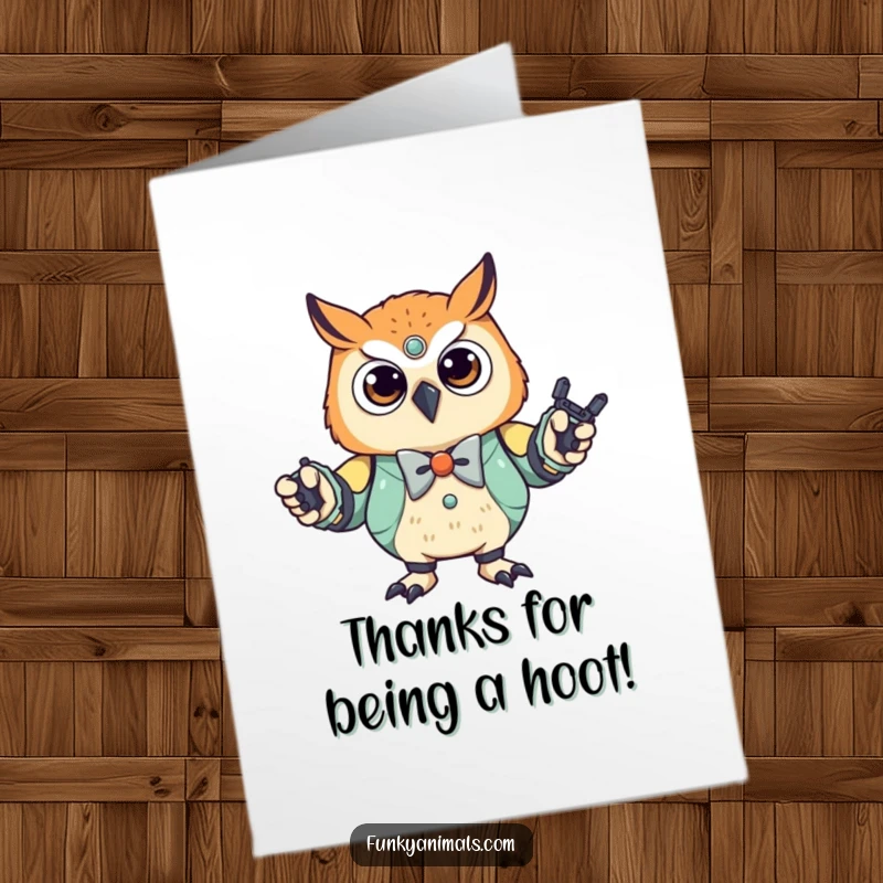 Funny Free Printable Owl Thank You Card: A stylish owl cub in a bowtie doing the robot, expressing thanks.