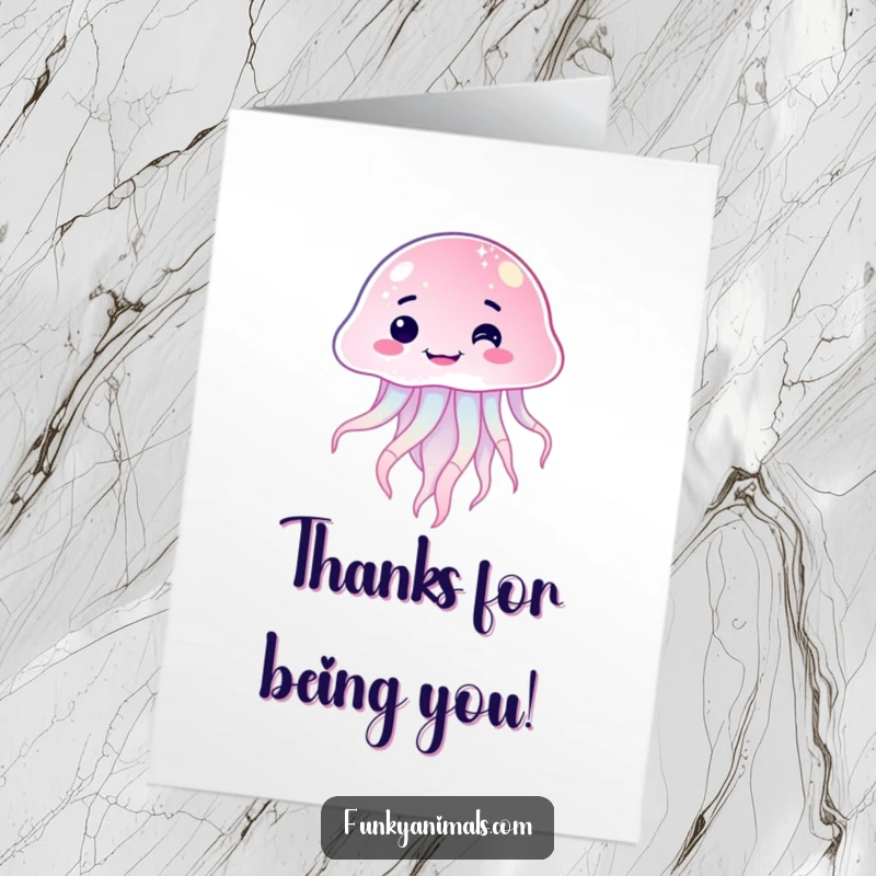 Funny Free Printable Thank You Card: Sparkling jellyfish with a goofy lopsided grin, expressing thanks with humor.