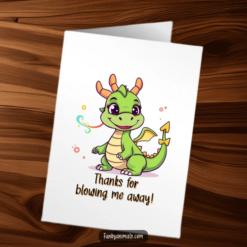 Funny Free Printable Thank You Card: Green dragon with a silly grin blowing smoke rings, a grateful downloadable art.