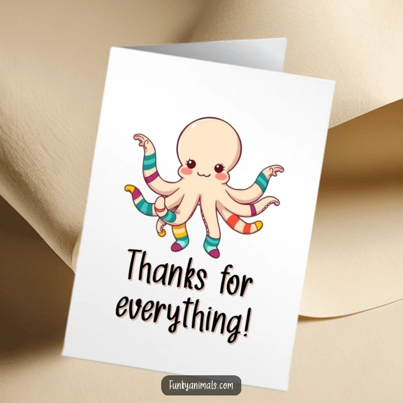 Funny Free Printable Thank You Card: An octopus bustles with joy, its eight tentacles adorned with quirky, mismatched colorful socks.