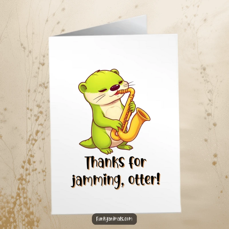 Funny Free Printable Thank You Card: Lime green alien otter playing a saxophone, sending thanks. A quirky, downloadable greeting.
