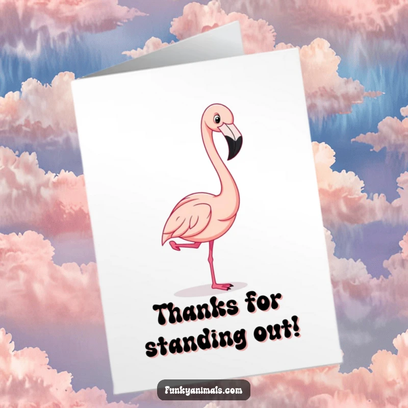 Funny Free Printable Thank You Card: A flamboyant flamingo strikes a comical pose with one leg raised, expressing sincere thanks.