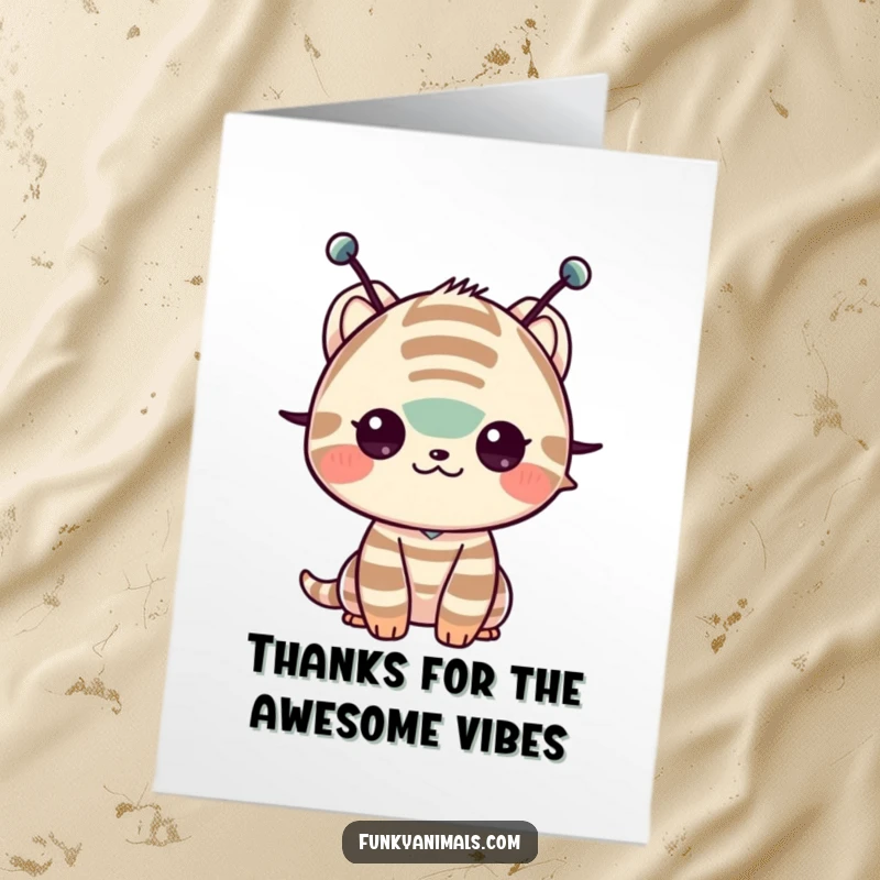 Funny Free Printable Thank You Card: Striped creature with antenna doing a happy shimmy, a downloadable greeting for thanks.