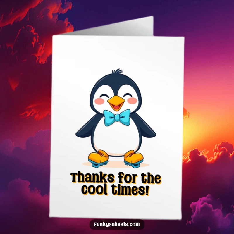 Funny Free Printable Thank You Card: Cute penguin wearing roller skates and a bowtie, showing thanks with a smile.