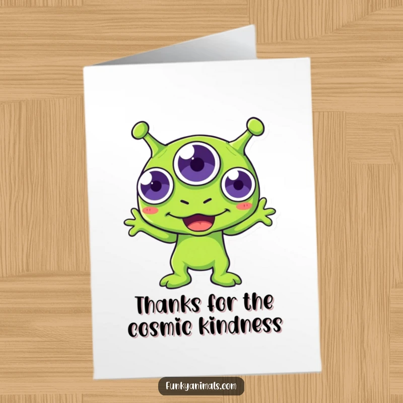 Funny Free Printable Thank You Card: Green alien with three eyes boogies with joy to say thanks in a hilarious way.