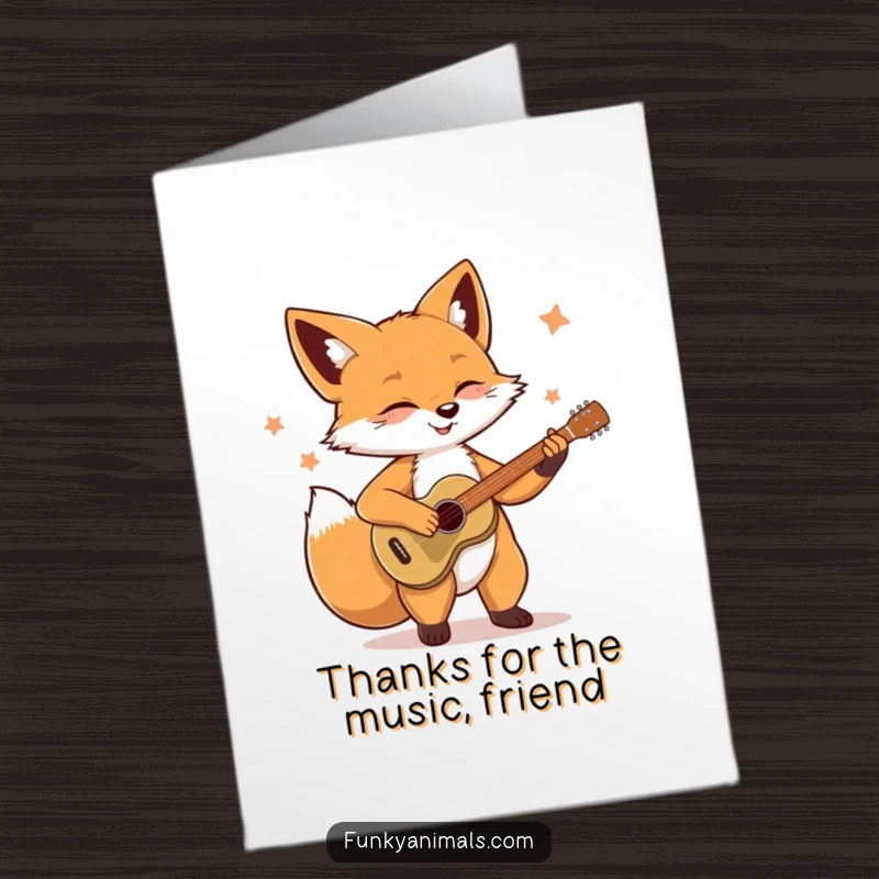 Funny Free Printable Thank You Card: A soulful fox playing guitar, sending a heartfelt thank you with every strum, warm and sincere.