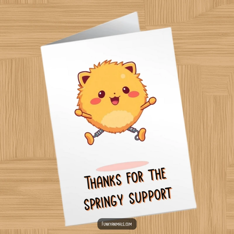 Funny Free Printable Thank You Card: Fuzzy orange creature with spring legs bounces energetically to thank you with enthusiasm.