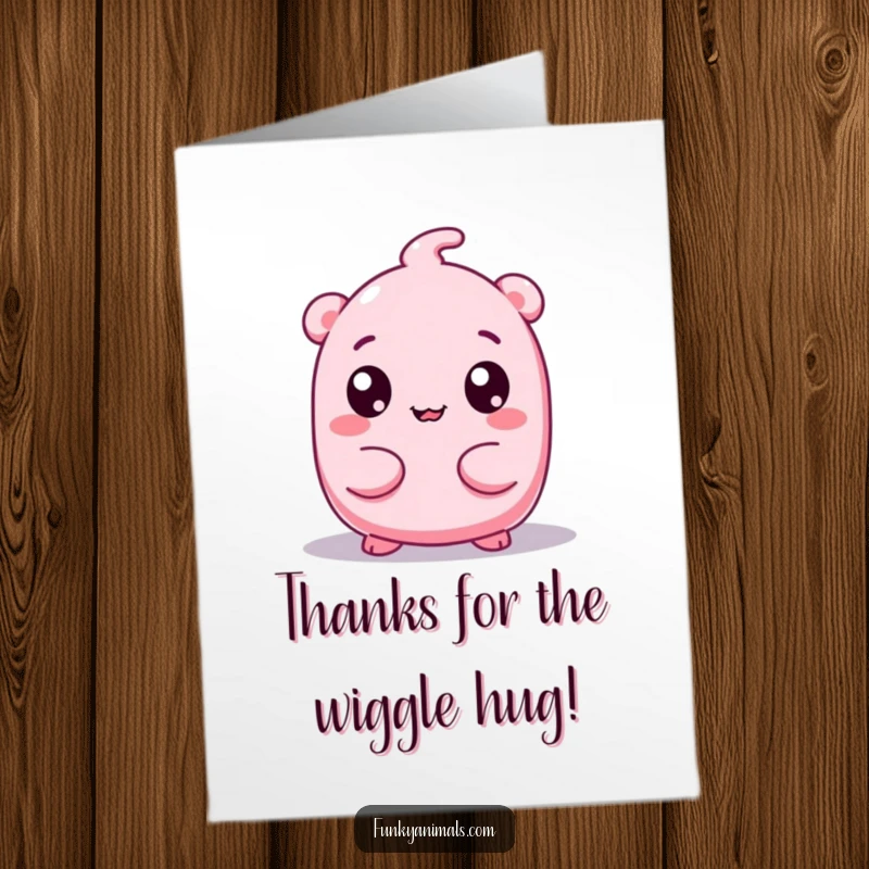 Funny free printable thank you card: a pink, squishy being with googly eyes wiggling its body gratefully.