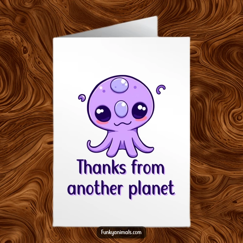 Funny Free Printable Thank You Card: Purple alien with three eyes wiggling tentacles, sending thanks across the universe