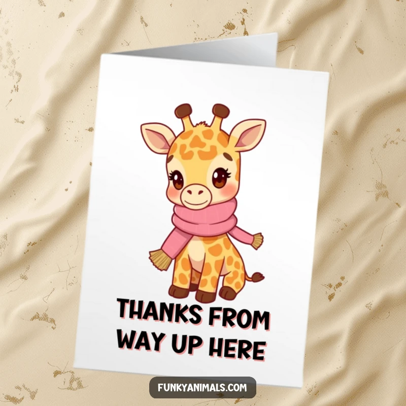 Funny Free Printable Thank You Card: A hip giraffe cub wearing a scarf bobs its head with a subtle, cool smile.