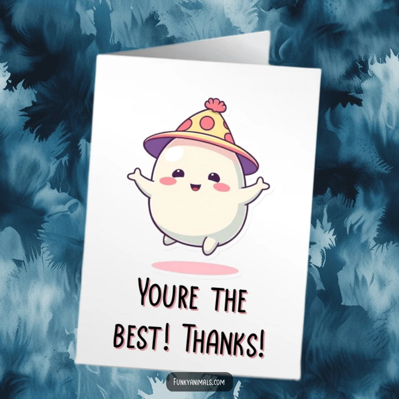 Funny Free Printable Blob Creature Card: Whimsical blob creature in a hat, joyfully bouncing to express thanks.