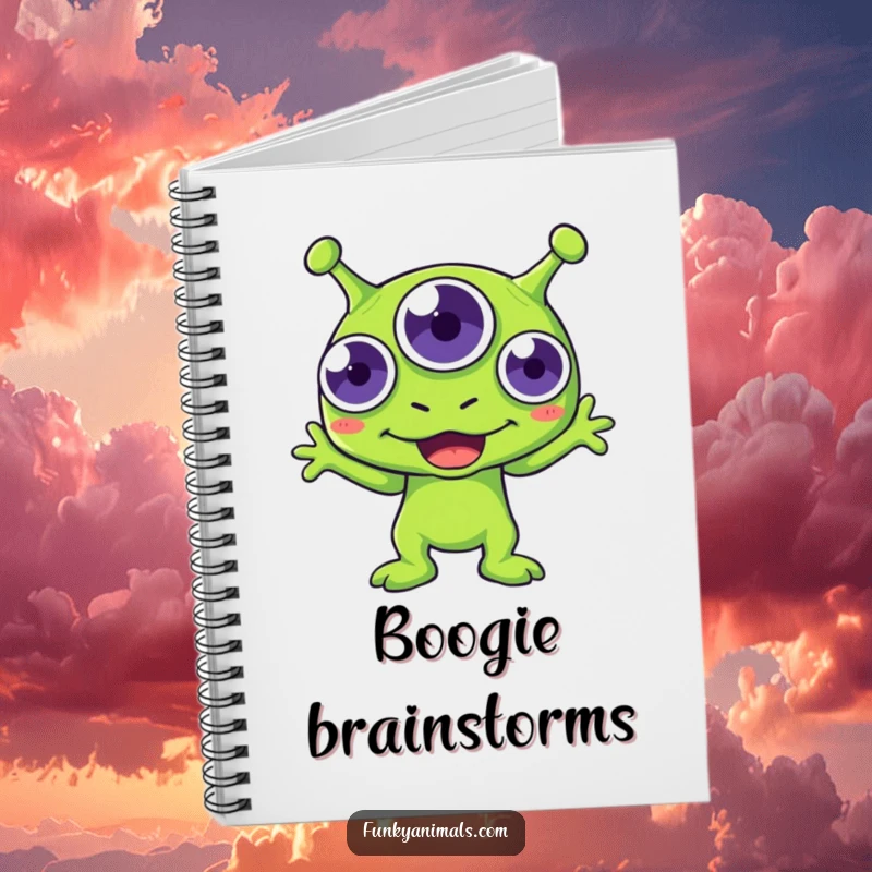 Funny green alien notebook, three-eyed creature boogying energetically, perfect for creative writing and doodling.