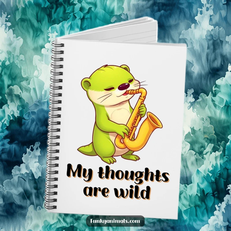 Funny alien otter saxophone notebook with a lime green alien otter playing a funky saxophone, ready for notes.