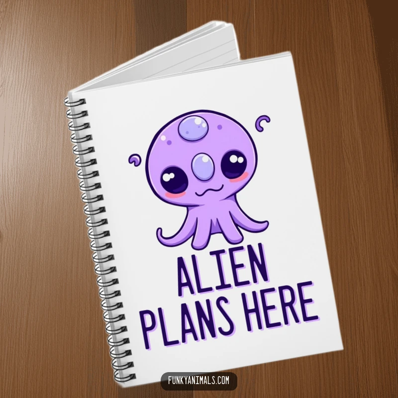Funny notebook featuring a purple alien with three eyes wiggling its tentacles, ready to capture your cosmic thoughts.