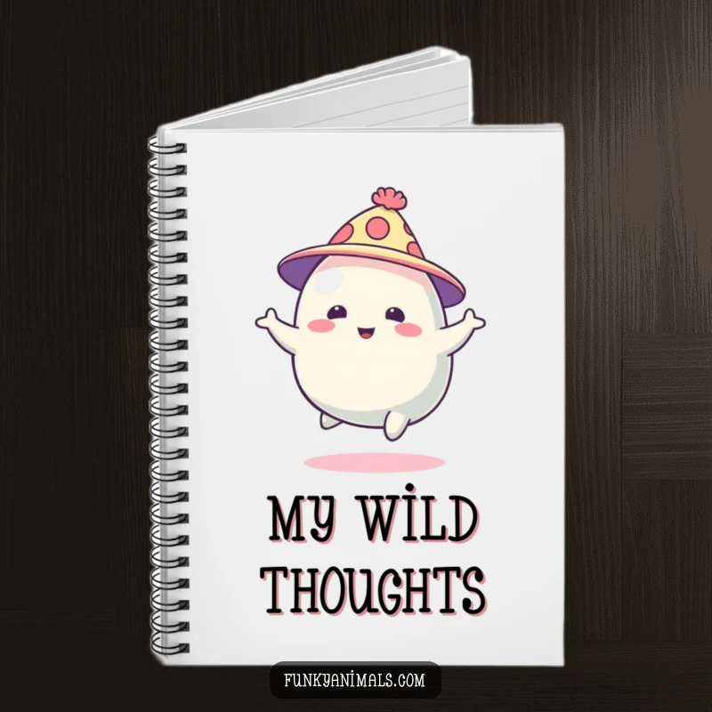 Funny abstract blob creature in a funky hat, bouncing energetically, gracing the cover of a notebook, perfect for jotting down ideas.